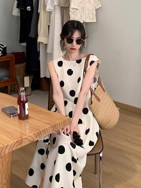 Polka Dot Sleeveless Long Side Slit Casual Dress